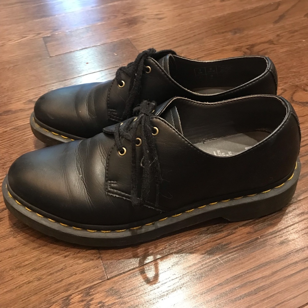 Dr. Martens Black Leather Lace-Up Oxfords with Yellow Welt Stitching
